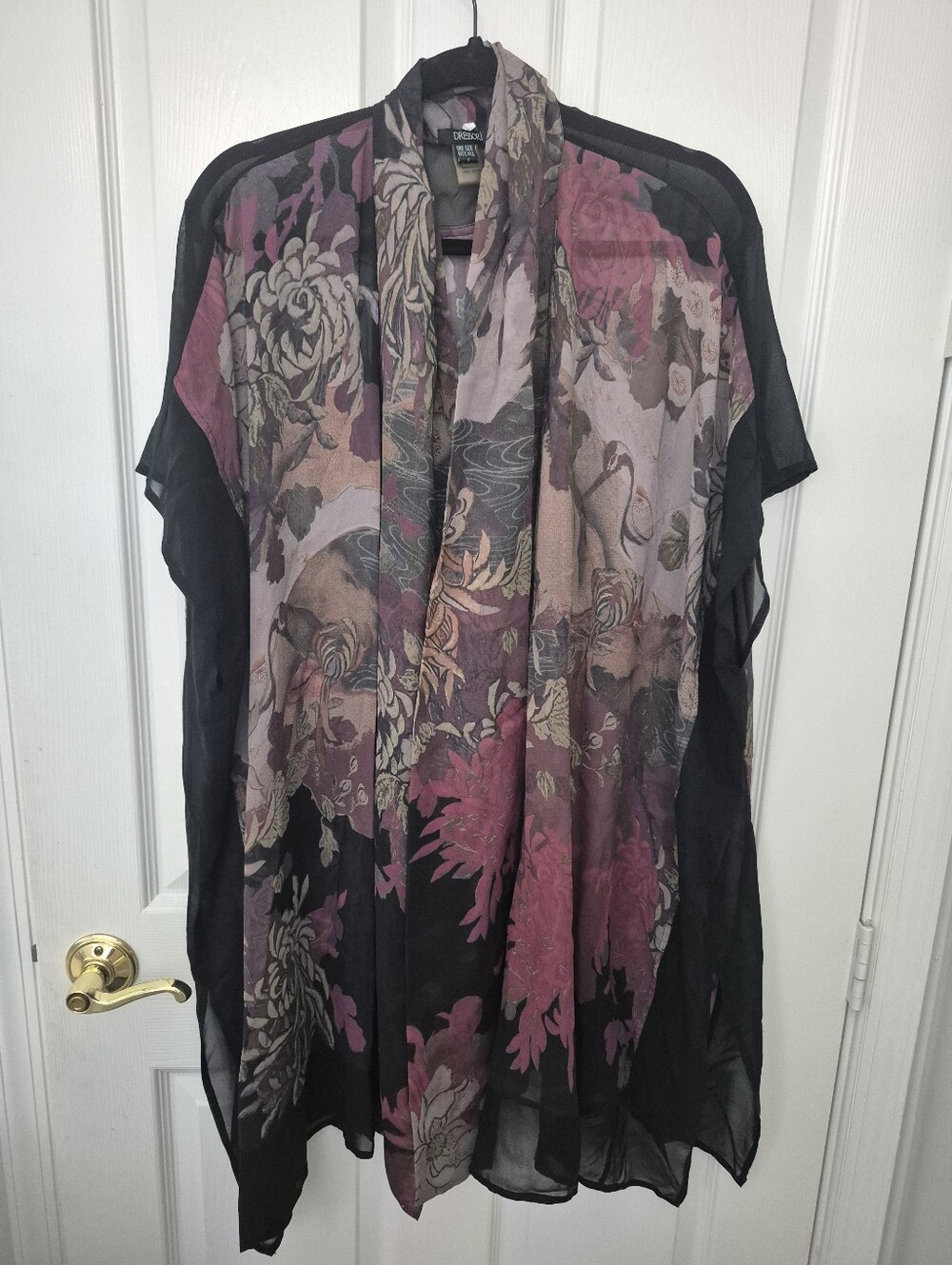 Dressori Sheer Floral Kimono Cardigan in Black and Plum One Size
